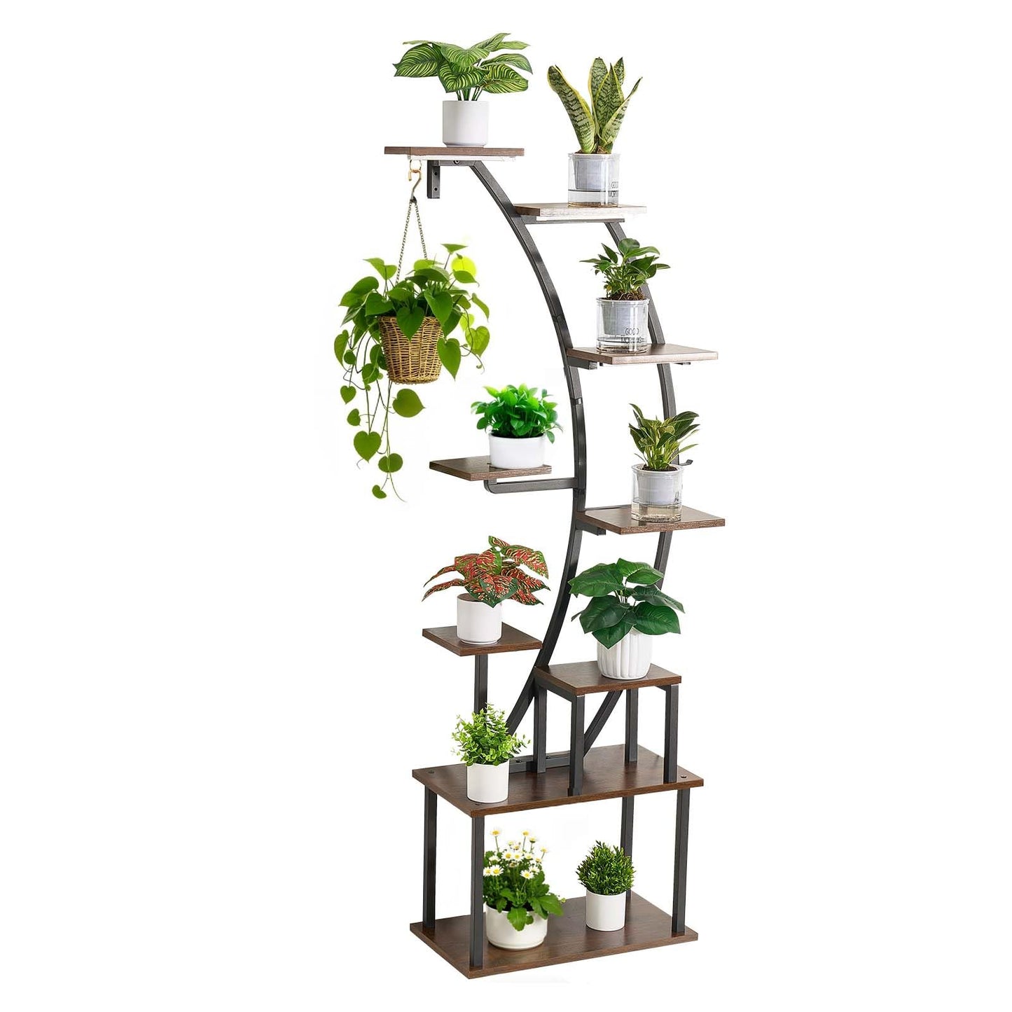 VEVOR Plant Stand Indoor with Grow Lights, 63 in Tall 9-Tier Lighted Plant Shelf, Metal Corner Plants Holder, 3 Timer & 10 Brightness, Curve-Shaped Flower Display Rack for Living Room Balcony Decor