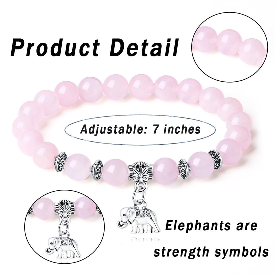 MAIBAOTA Rose Quartz Bracelet for Women, Pink Bracelet, Rose Quartz Crystals Stone Beaded Bracelets, Elephant Round Gemstones Stretch Bracelet, Crystal Jewelry Gifts for Women Mom