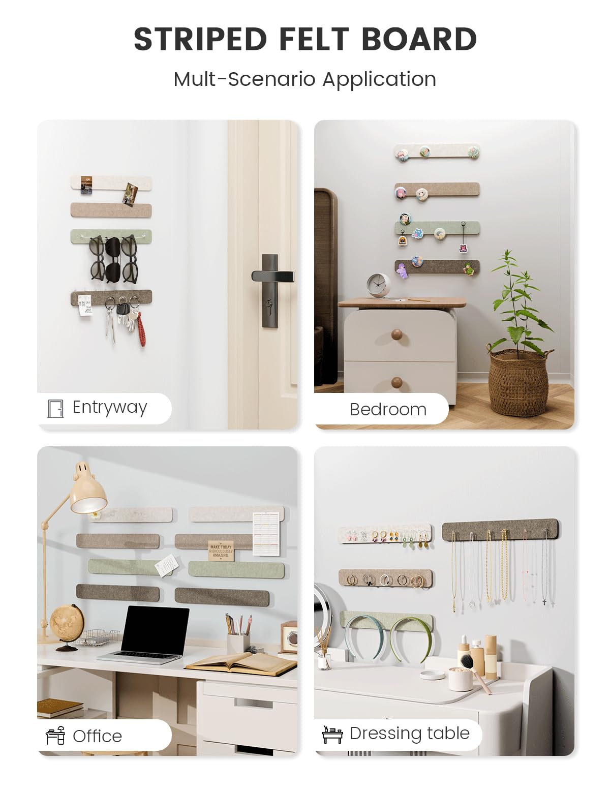 Fluxynara Cork Board Alternative Felt Strip Board 8-Pack 13"x2", Office Pin Board with 50 Push Pins, Adhesive Install for Bedroom Door & Home Office(Linen Dusk)