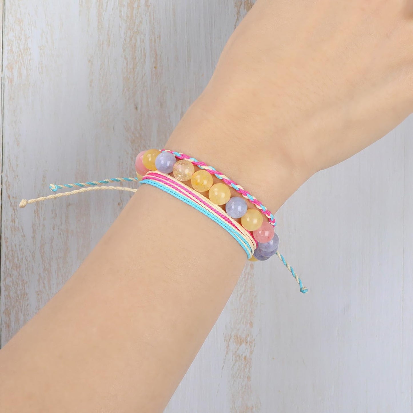 QOGIR Handmade Healing Bracelets,8mm Natural Morganite Gem Stone Beads Bracelet for Men Women Gifts with 2PCS Size Adjustable Rope Bracelets