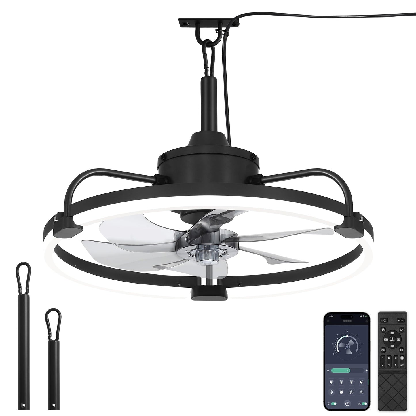 LEDIARY 20" Outdoor Ceiling Fan with Lights, IP65 Waterproof Gazebo Fan with Hanging Hook, Plug-in Ceiling Fan Remote&APP Control, 3CCT Dimmable, 6-Speeds, Caged Ceiling Fan for Gazebo,Patio,Pergola