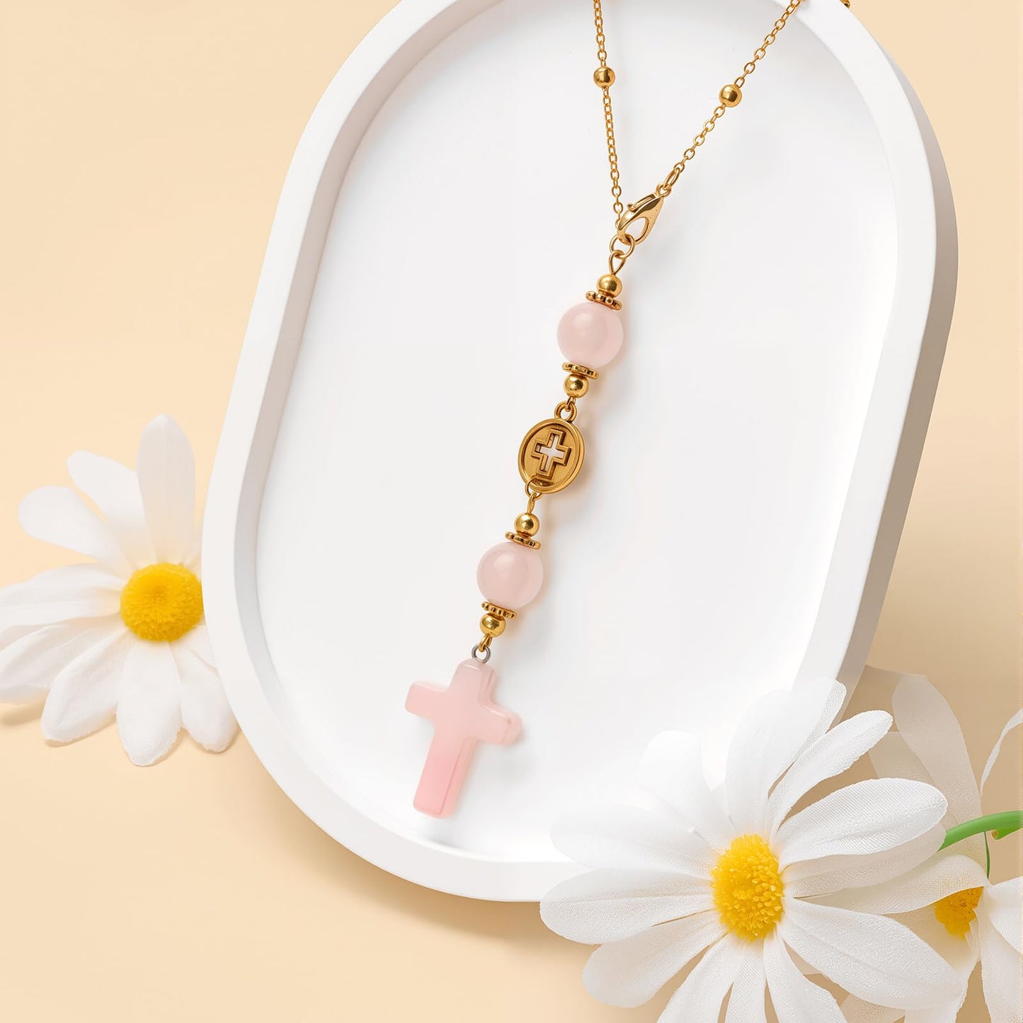 Cross Crystal Hanging Car Charm,Cute Healing Stones Car Decor for Rear View Mirror Boho Handmade Sun Catcher Ornament Accessories Rose Quartz Crystal Protection for Women