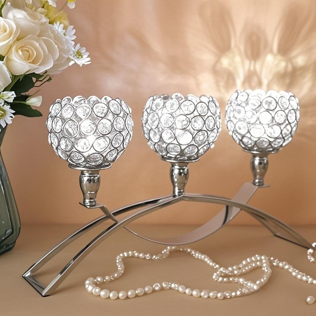Vidisan Crystal Candle Holders 3 Arms Silver Candelabras,Candle Holder, Crystal Table Centerpieces for Wedding,Buffet Cabinet Candelabra Ornaments,Gift