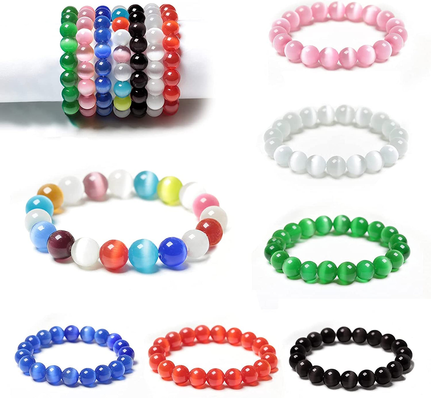 HAAMIIQII 8mm Grass Green Cat Eye Glass Round Crystal Stone Loose Gemstone Beads for Jewelry Making Bracelets Necklaces Earrings Crafts (45-50pcs)