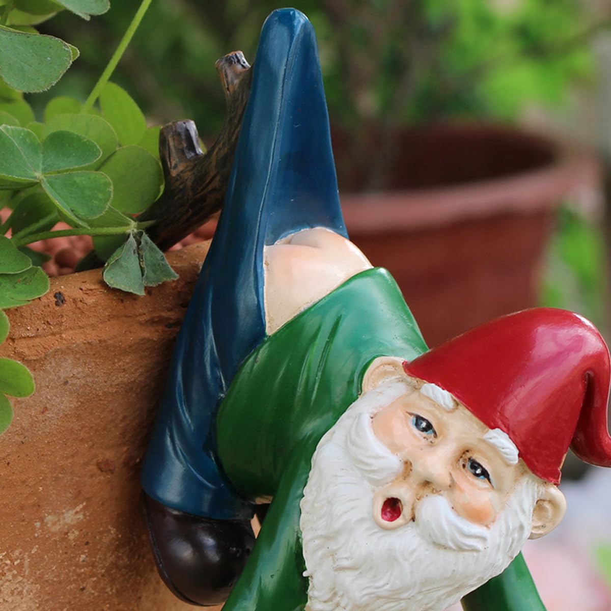 JARPSIRY Funny Garden Gnome Statue Flower Pot Hugger, Pants Hanging on Branch Gnome Figurine Resin Sculpture Outdoor Decor Patio Lawn Yard Fence Plant Pot Ornaments