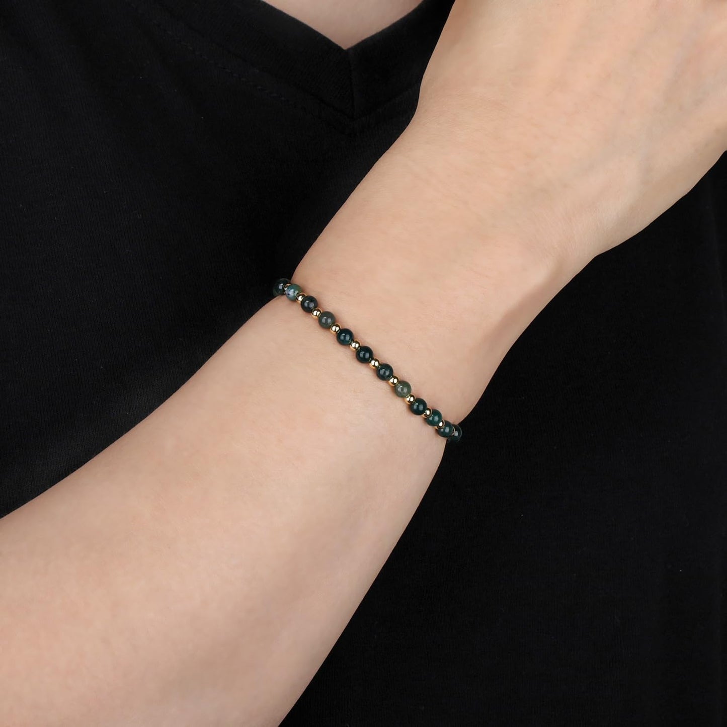 QOGIR Moss Agate - Stone of Optimistic - 14K Gold Plated Beads Natural Gemstone Stretch Elastic Dainty Healing Beaded Bracelets Gifts 4mm