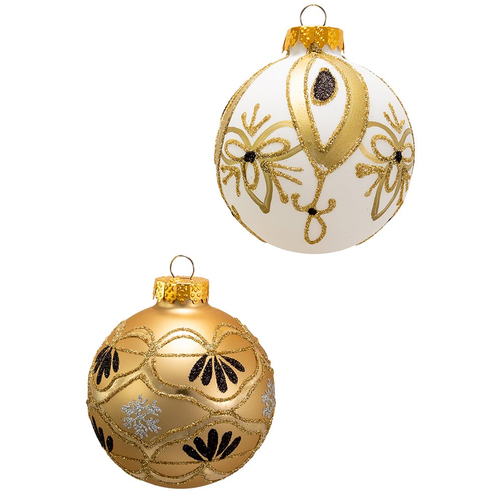 Kurt S. Adler 80MM Glass Gold and White Deco Ornament Set, 6 Piece Set