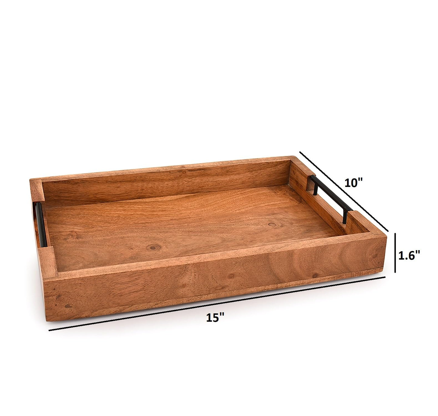 Mahasu Tray with Metal Handles Acacia Wood Serving Tray Decorative Ottoman Coffee Table Tray for Living Room Kitchen Food Tray (15" X 10" X 1.6")