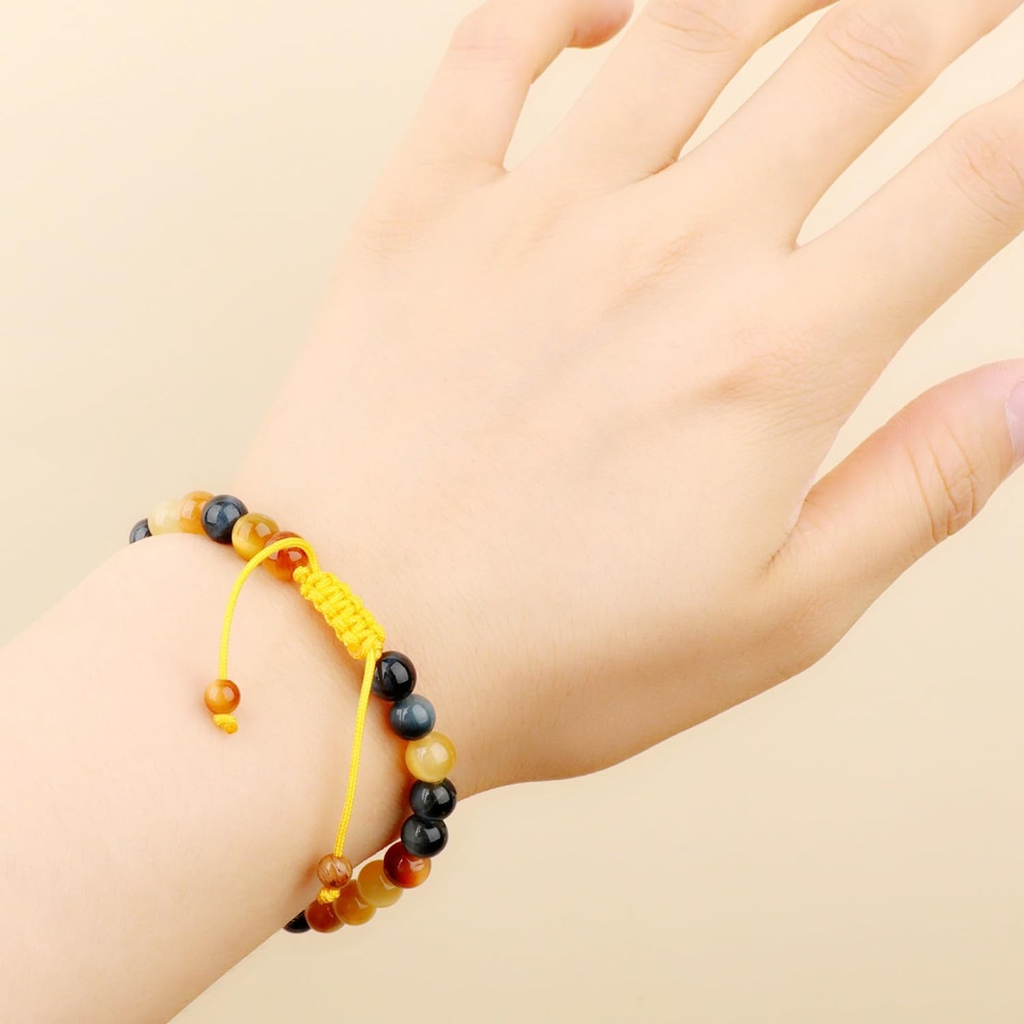AD Beads 8mm Golden Colorful Tiger Eye - Warmth and power - Handmade Natural Stone Crystal Bracelet with Adjustable Macrame String - Yoga Healing Power Energy Gifts for Men and Women