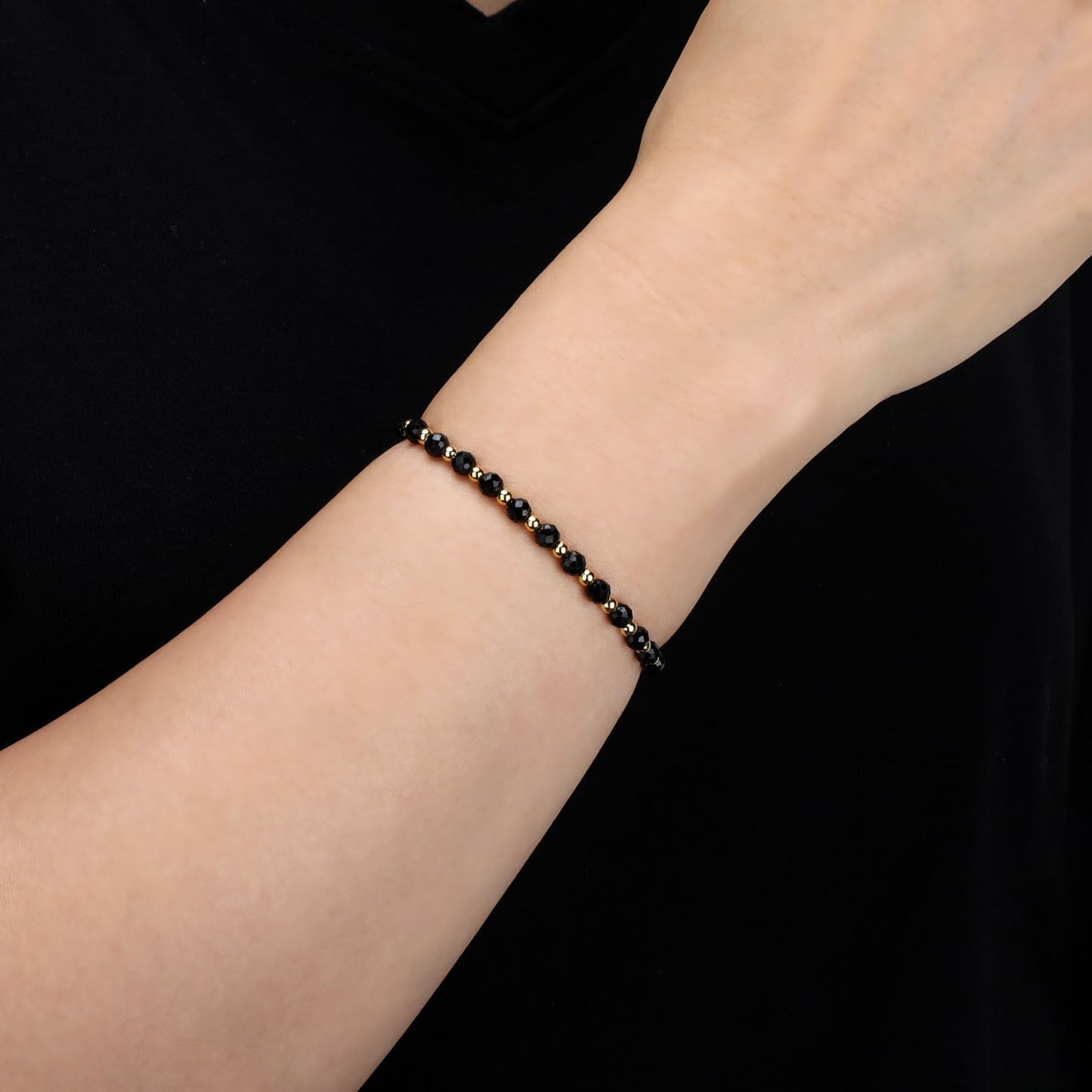 QOGIR Black Tourmaline - Psychic Protection - 14K Gold Plated Beads Natural Gemstone Stretch Elastic Dainty Healing Beaded Bracelets Gifts 4mm