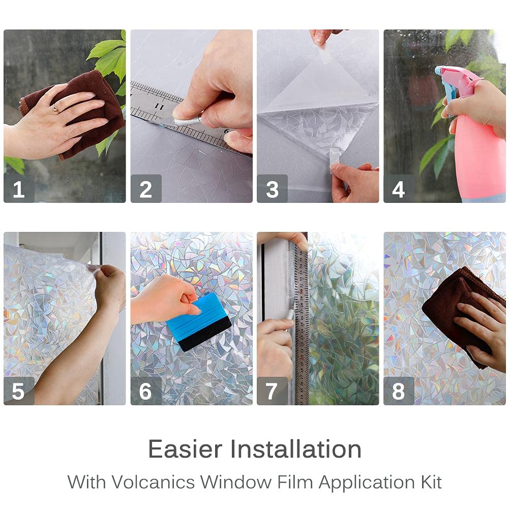 Volcanics Window Privacy Film with Installation Tools, Static Window Clings Vinyl 3D Decals Stickers Rainbow Window Film for Glass Door Heat Control Anti UV 17.5 x 78.7 Inches