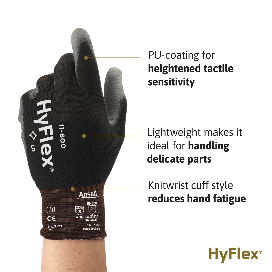 Ansell HYFLEX 11-600 Light Duty Nylon Industrial Gloves w/Palm Coating for Metal Fabrication, Automotive - XL (10), Black (1 Pair)