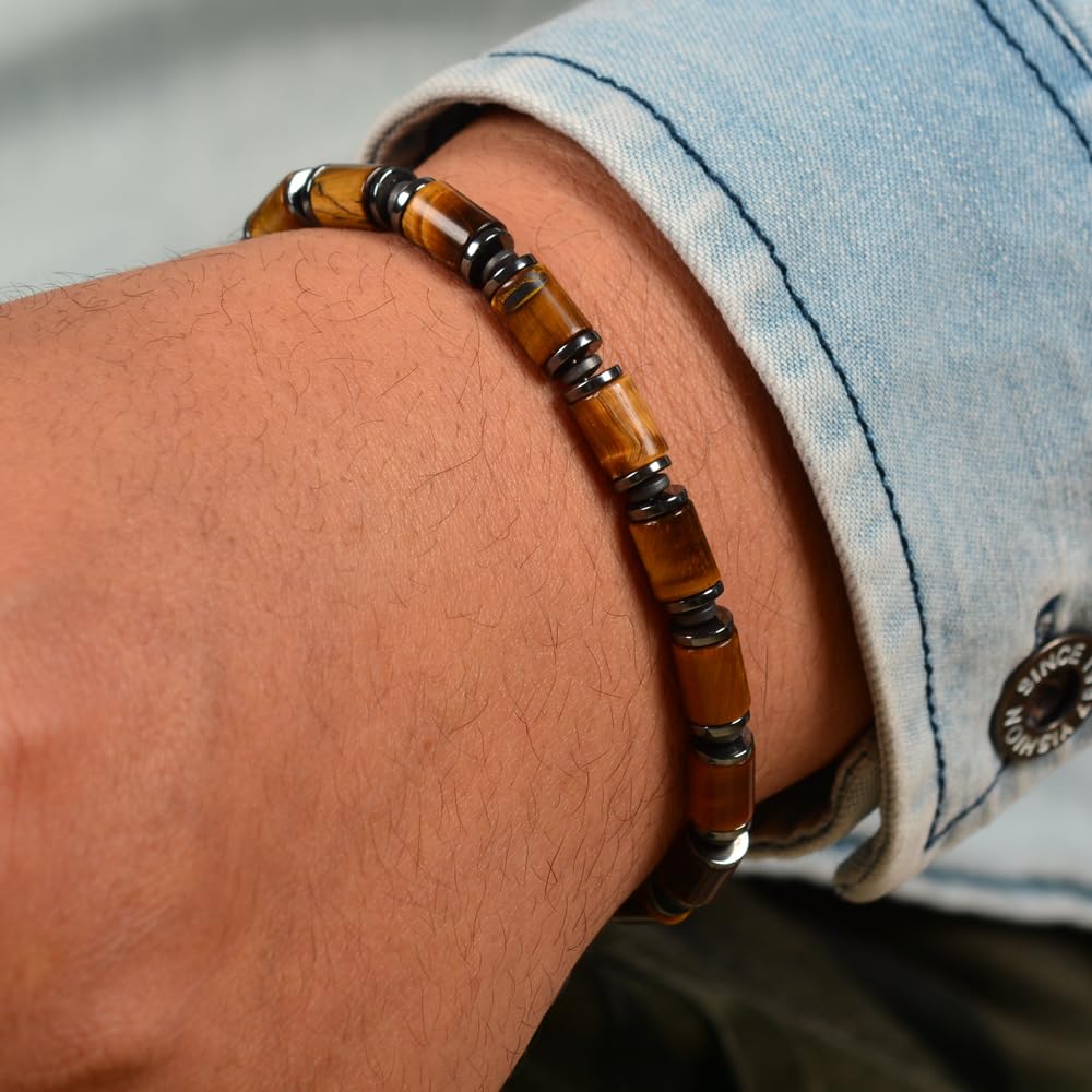 Casvia Men's Tiger's Eye & Hematite Beaded Bracelet, Handmade Adjustable Stainless Steel Chain, Chakra Jewelry Gift for Dad, Husband, Boyfriend