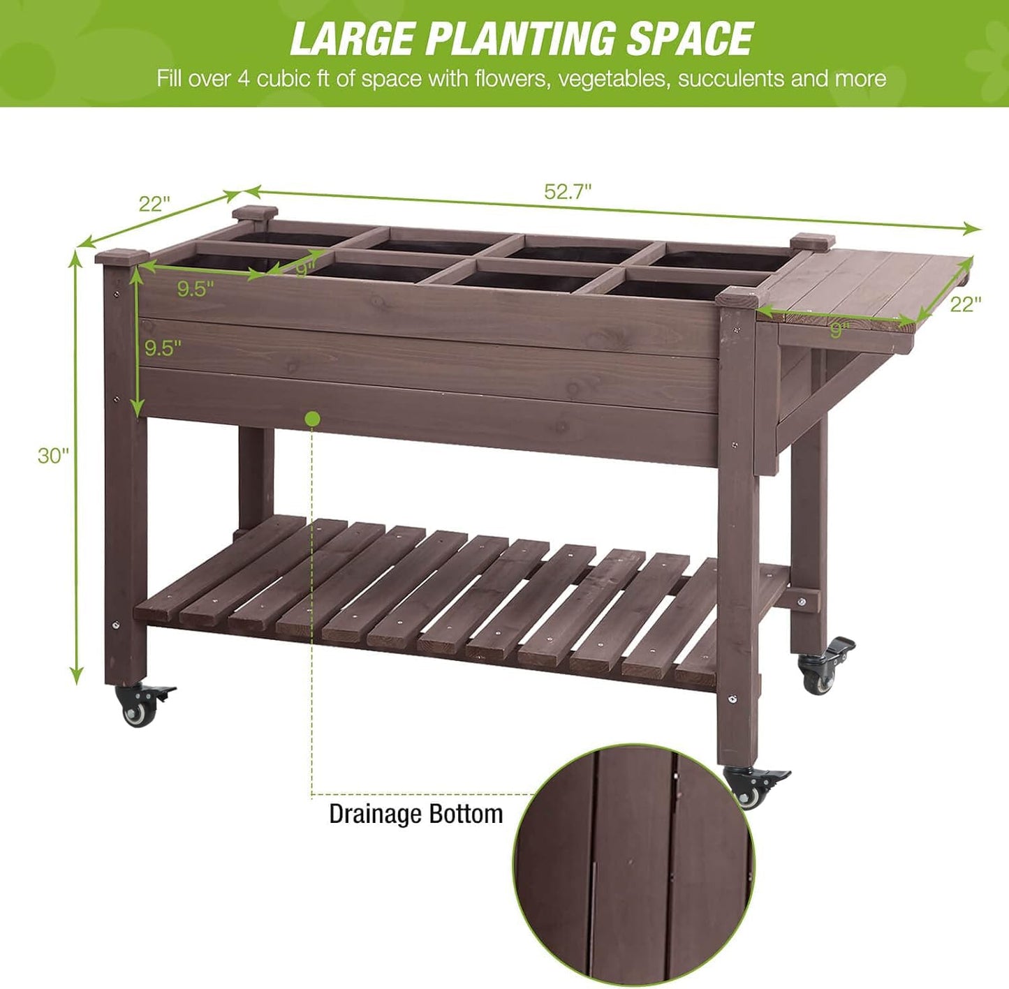 GUTINNEEN Raised Garden Bed Outdoor with 8 Planter Boxes Wooden Elevated Garden Bed with Legs Wheels Side Workbench and Storage Shelf for Plants Vegetables Flowers Herbs