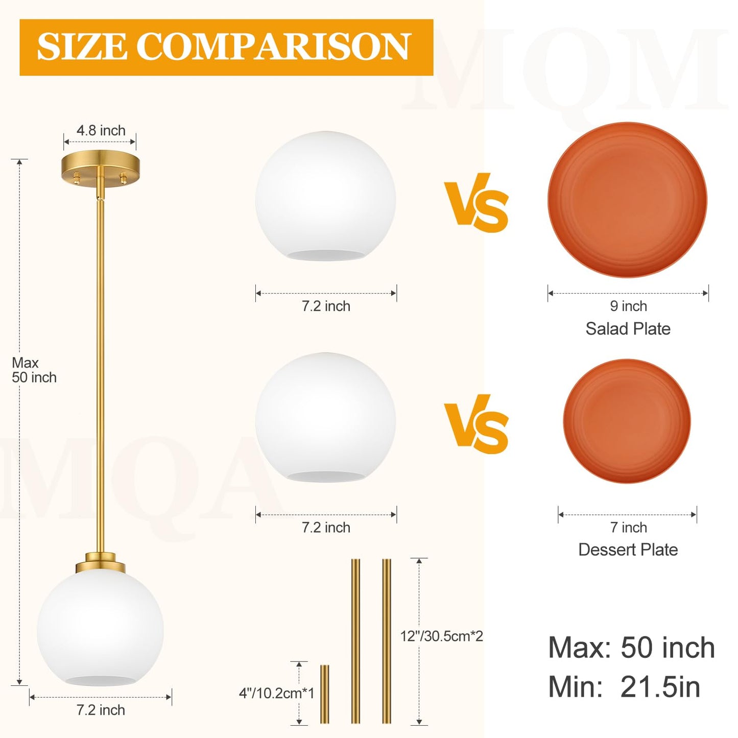 2 Pack 7.2-Inch Globe Pendant Lights, Mid Century Gold Pendant Light Fixtures, Globe Pendant Lights Kitchen Island with Milk Glass Shade Adjustable Hanging Fixture for Dining Room (Bulbs not Included)