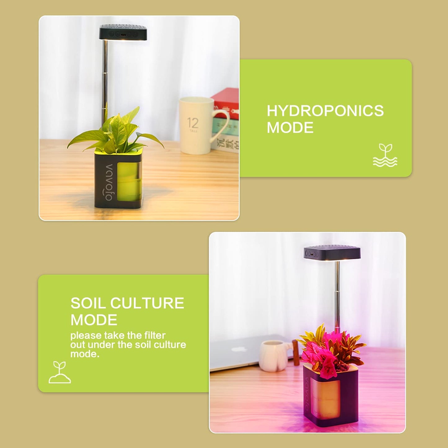 VAVOFO Plant Light for Indoor Plants Rechargeable Mini Grow Light with Planter, Full Spectrum, Height Adjustable, Automatic Timer, DIY Various Small Planting,Green