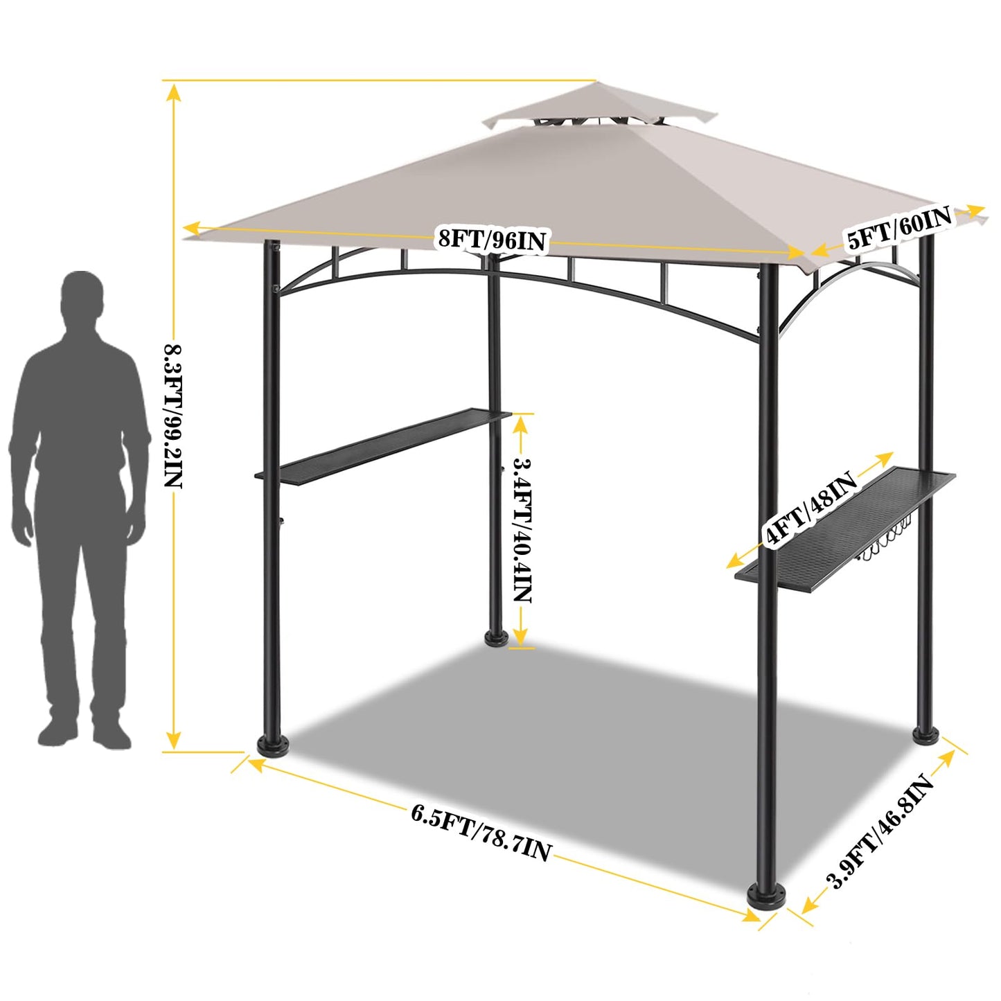 FAB BASED 5x8 Grill Gazebo, All-Weather Steel Construction, Double Tiered & Resistance Canopy Roof, Metal Serving Shelves, 2 LED and Bottle Opener for Patio, Backyard, BBQ (Beige)