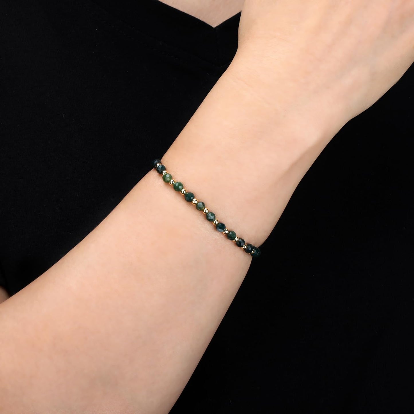 QOGIR Moss Agate - Stone of Optimistic - 14K Gold Plated Beads Natural Gemstone Stretch Elastic Dainty Healing Beaded Bracelets Gifts 4mm