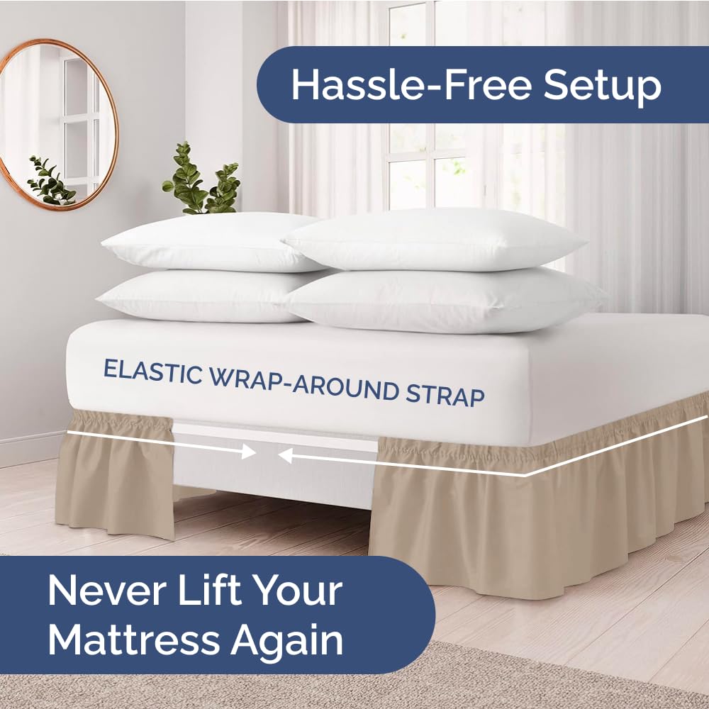 Wrap Around Dust Ruffle Bed Skirt - Cream - for Queen Size Beds with 15 in. Drop – Easy Fit Elastic Strap - Pleated Bedskirt with Brushed Fabric - Wrinkle Free, Machine Wash - by CGK Linens