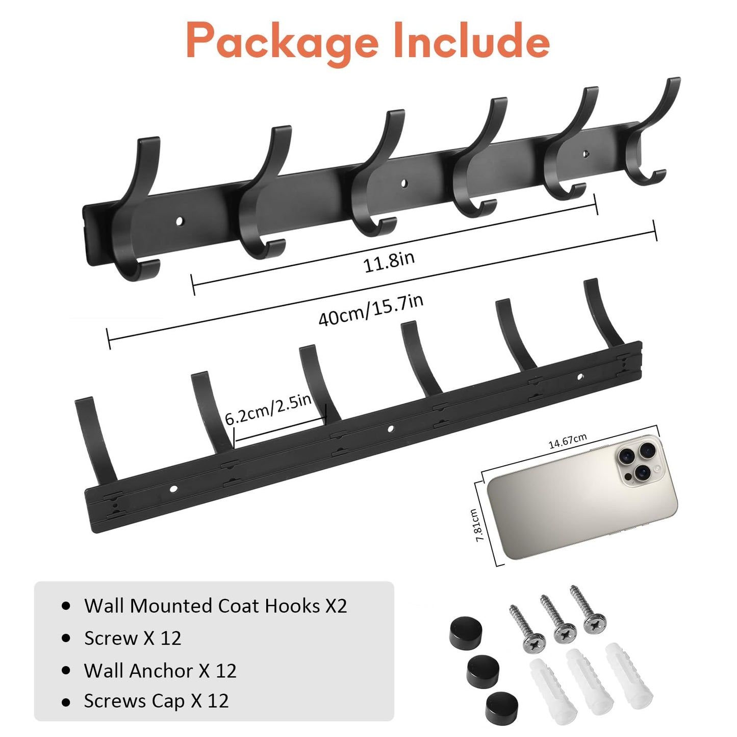 Optish Coat Rack Wall Mount, Wall Hooks for Hanging, Entry Coat Hooks Coat Hanger, Hat Rack Holder for Wall, Key Holder Purse Racks, Towel Rack for Bathrooms (2 Pack, Black)