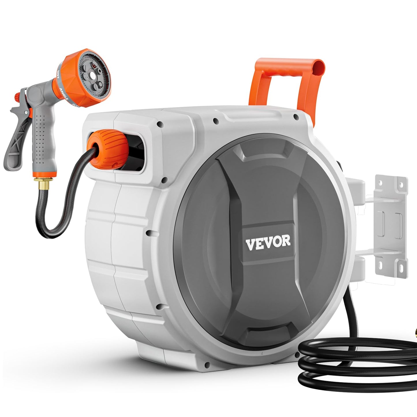 VEVOR Retractable Garden Hose Reel, 5/8 Inch x 100 ft Wall Mounted Hose Reel, Heavy Duty Garden Hose Reel with 9 Patterns Nozzle, Any Length Lock, Upgraded Slow Return System and 180°Swivel Bracket