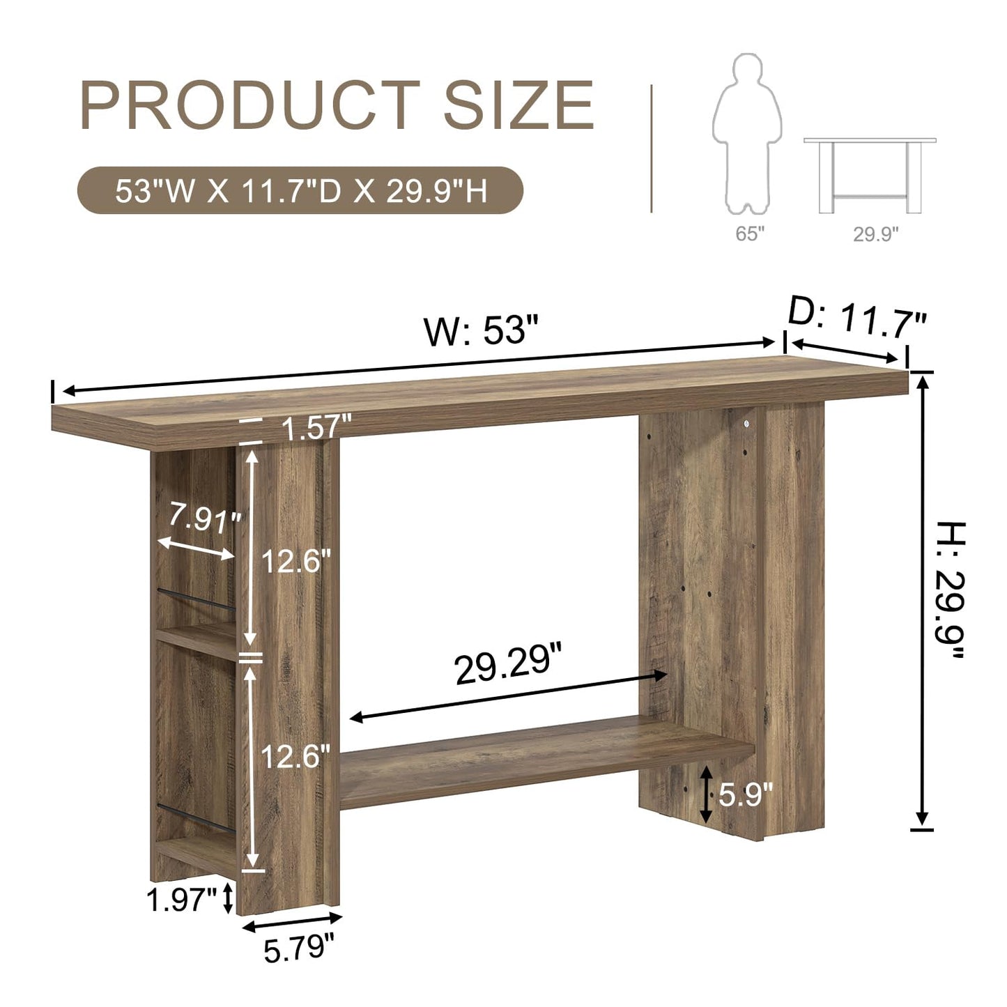 FOLUBAN 53 Inch Long Entryway Table, 2-Tier Wood Console Table with Storage Side Shelves, Farmhouse Sofa Table for Living Room, Narrow Hallway Foyer Table Behind Couch for Home Decor, Rustic Oak