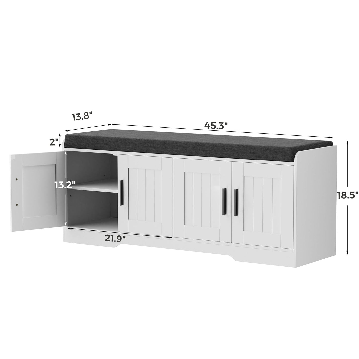 Homleke 2-Tier Storage Bench, Shoe Bench with Thickened Padded Seat Cushion, Entryway Bench with 4 Doors, Adjustable Shelf, 13.8" D x 45.3" W x 18.5" H, for Entryway, Living Room, Bedroom, White
