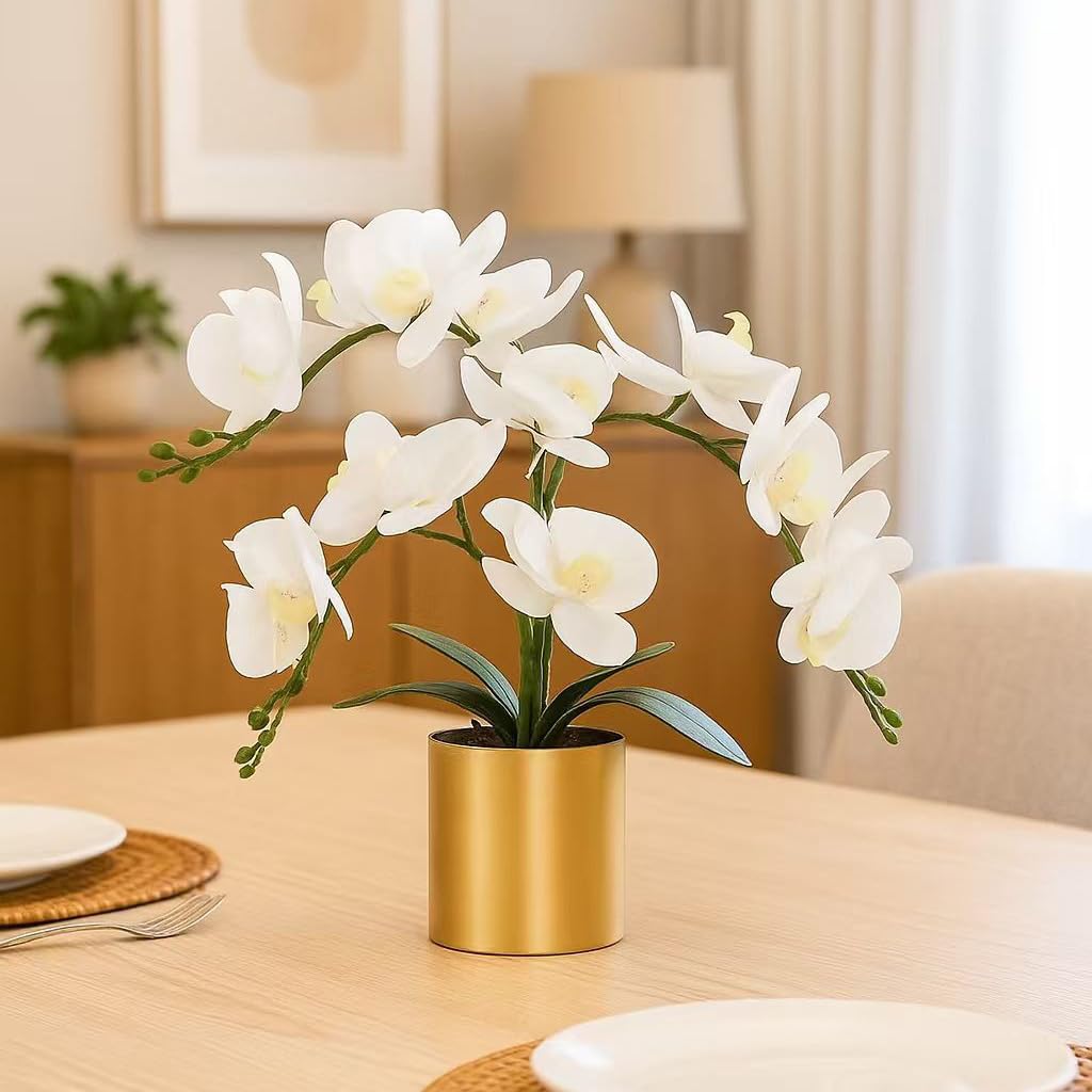 LESING Potted Artificial Orchid Flowers,Real Touch White Fake Artificial Orchid Flower in Gold Vase Arrangement for Table Living Room Decoration (White,Gold Vase)