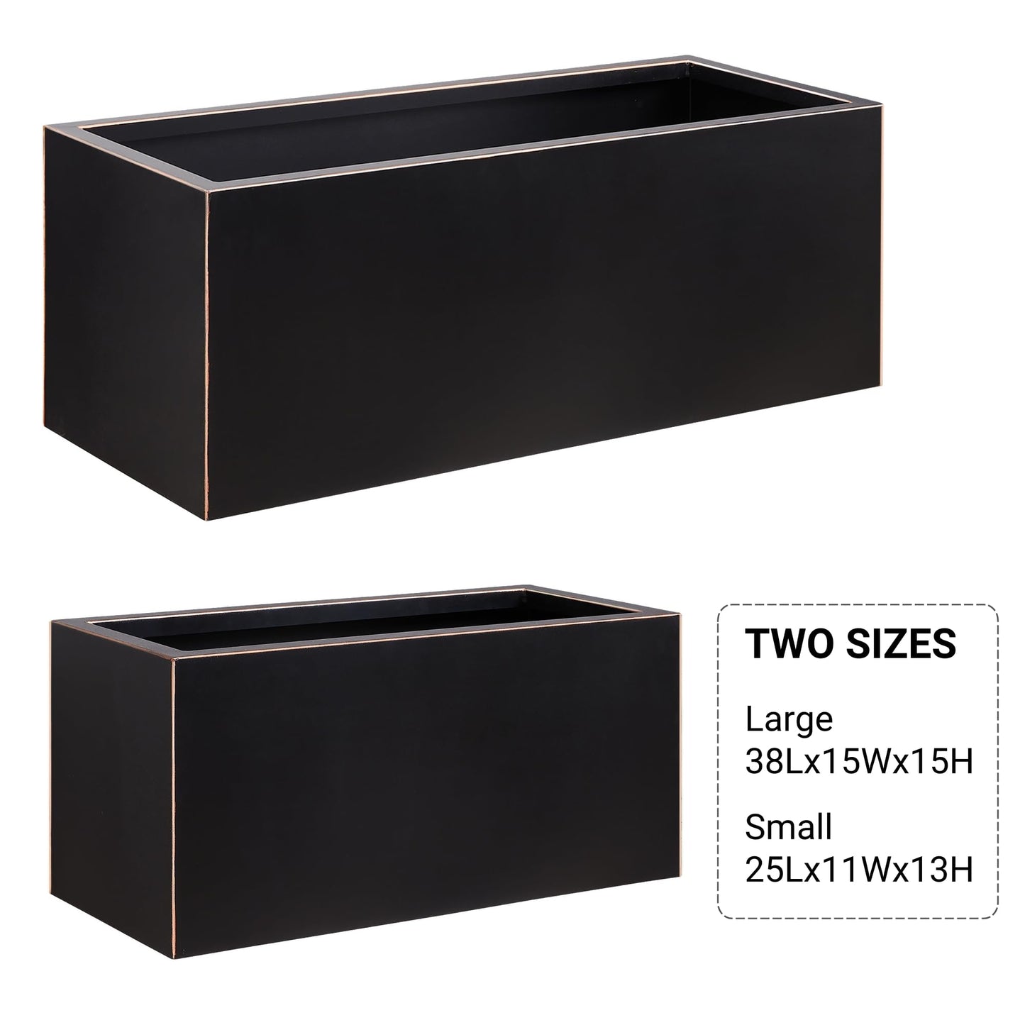 Wallowa Metallic Heavy Long and Large Outdoor/Indoor Planter, Rectangular Trough Planter Box, 38”Lx15”Wx15”H, 40Pounds, Black with Hand Brushed Gold Edge, No Assemble and Seamless