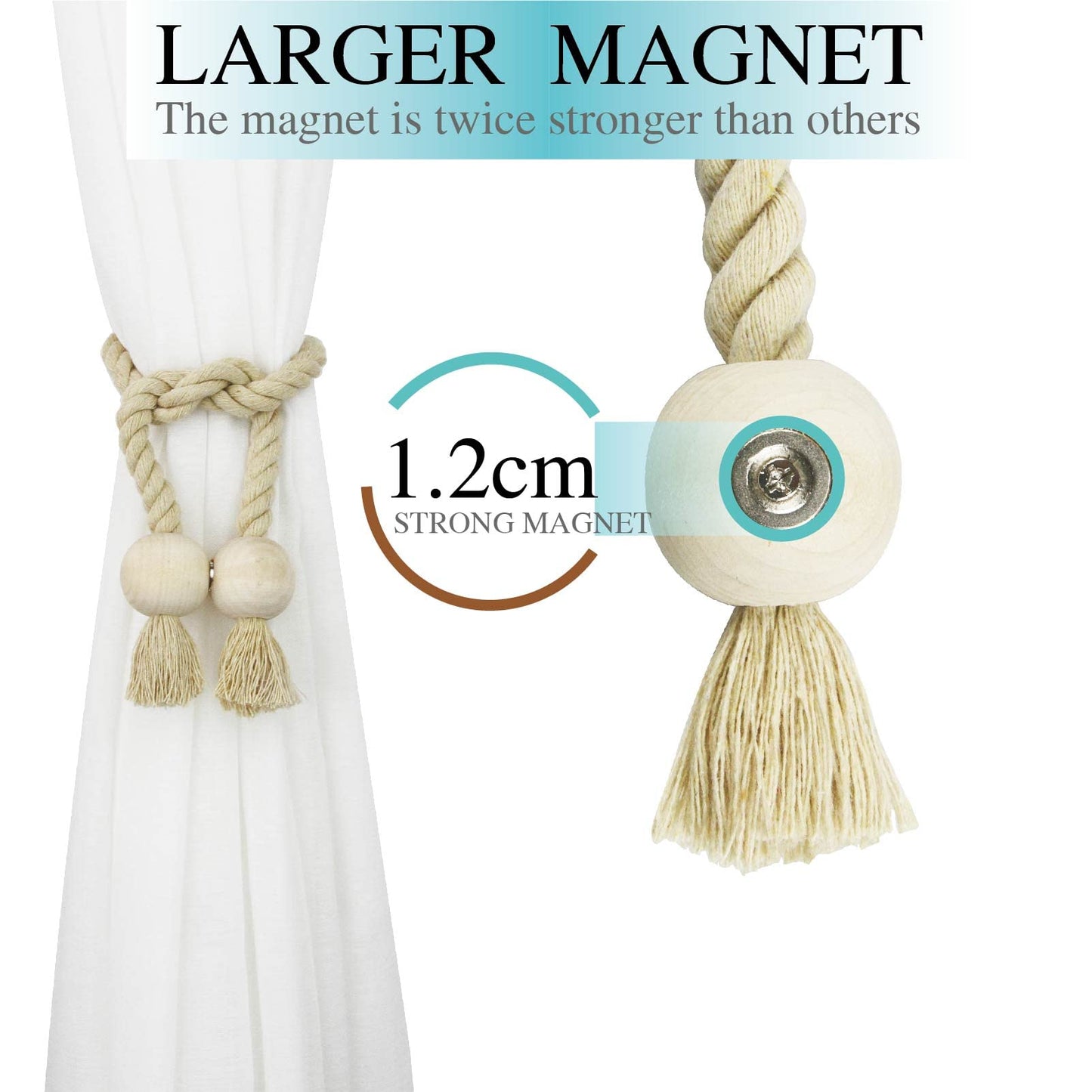 Nieffeiy 2 Pack Magnetic Curtain Tiebacks Cotton Hand Woven Tie Back Decorative Rope Holdbacks for Curtains Draperies No Tools Required, Dark Beige
