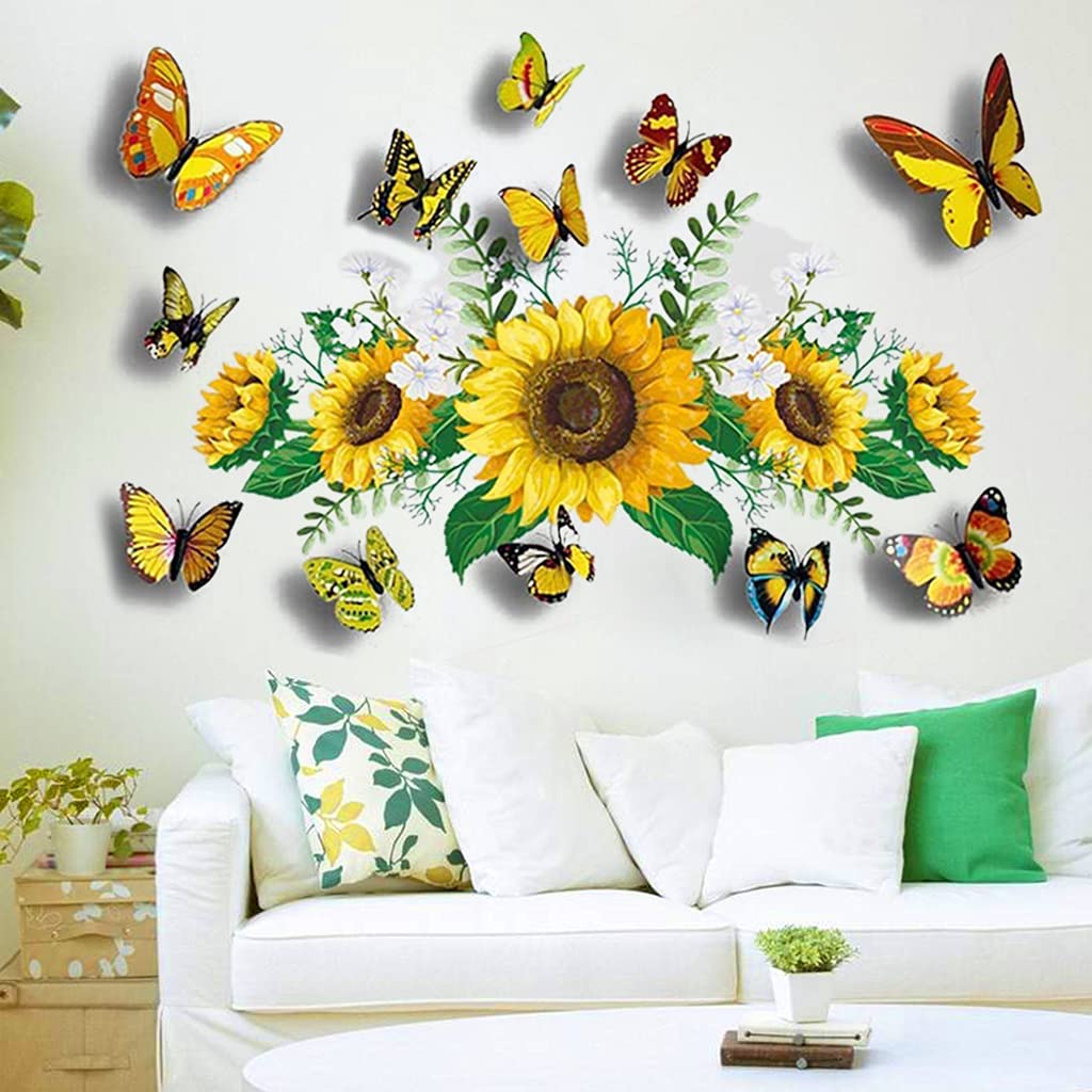 Sunflower Wall Stickers with 3D Butterfly Wall Sticker, Yellow Flowers Wall Decal,SPRT Waterproof and Removable, Sunflower Wall Stickers for Bedroom Living Room Bathroom Décor