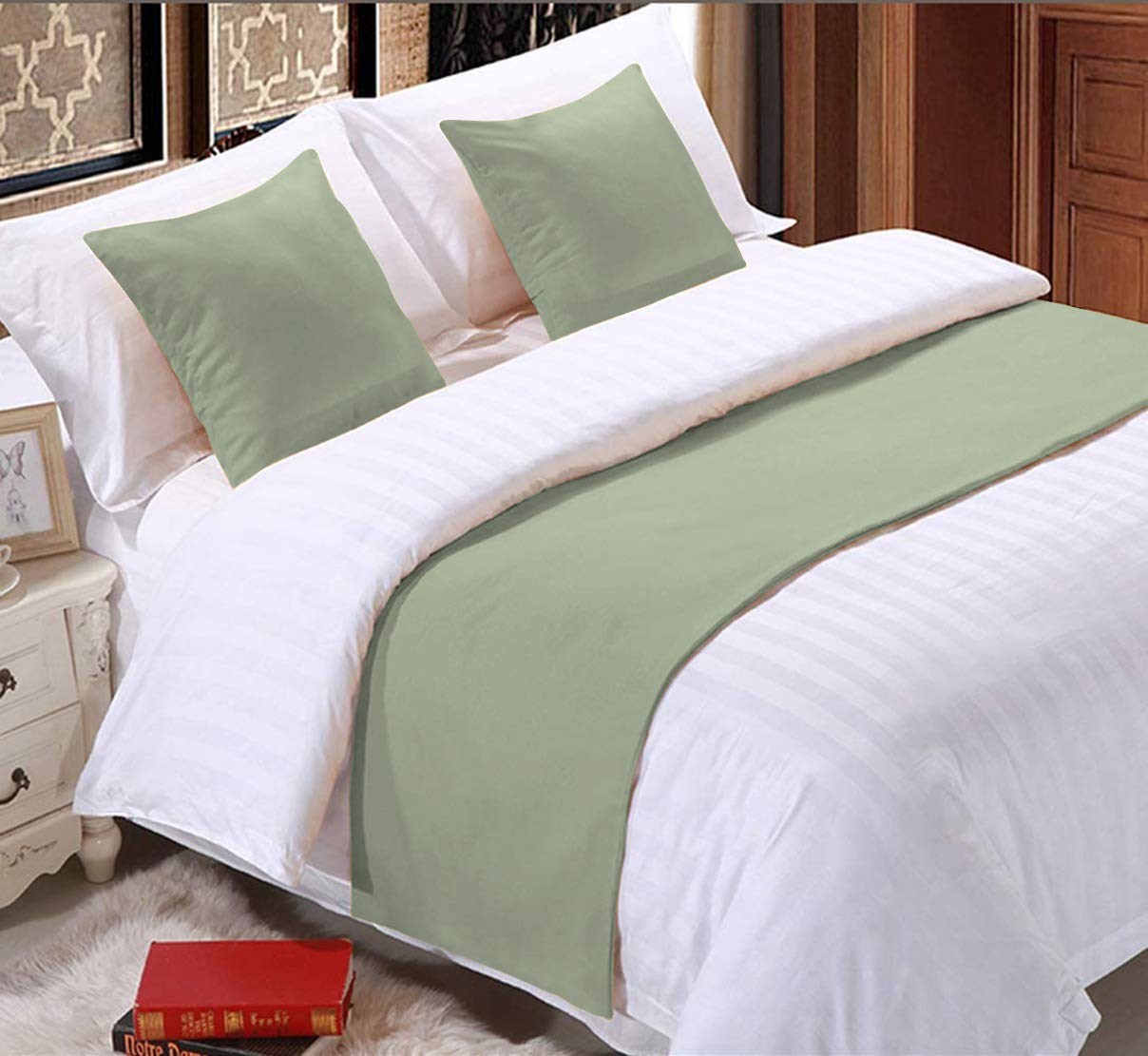 Lotus Bedding 800 Thread Count Solid 1 Piece Bed Runner Scarf Protector Slipcover Bed Decorative Scarf (Queen (90 X 20), Sage)