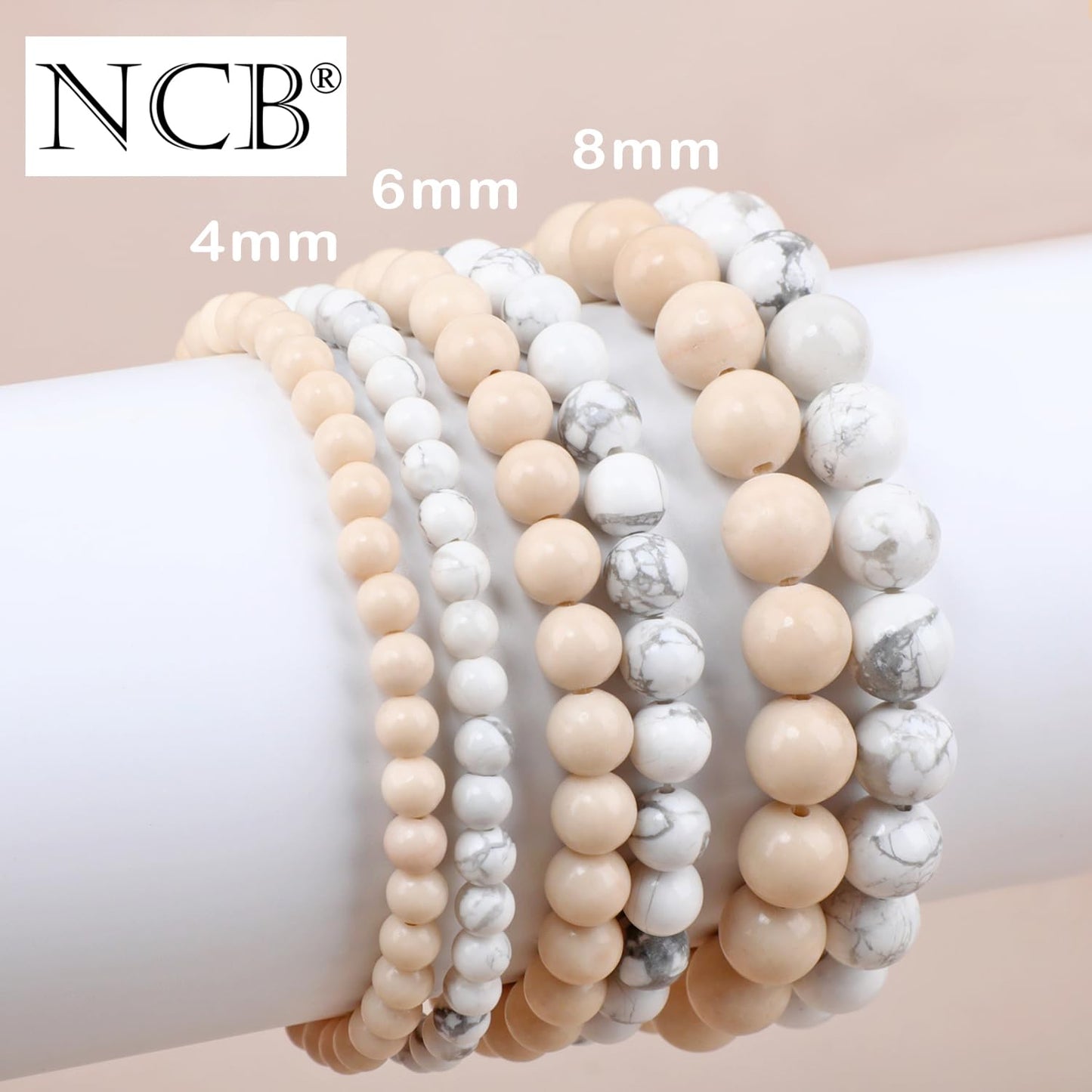 NCB 2-Piece 8mm Natural Crystal Gemstone Stretch Bracelets – Howlite, White Fossil Jasper Handmade Reiki Energy Healing Jewelry for Meditation,Yoga, Unisex