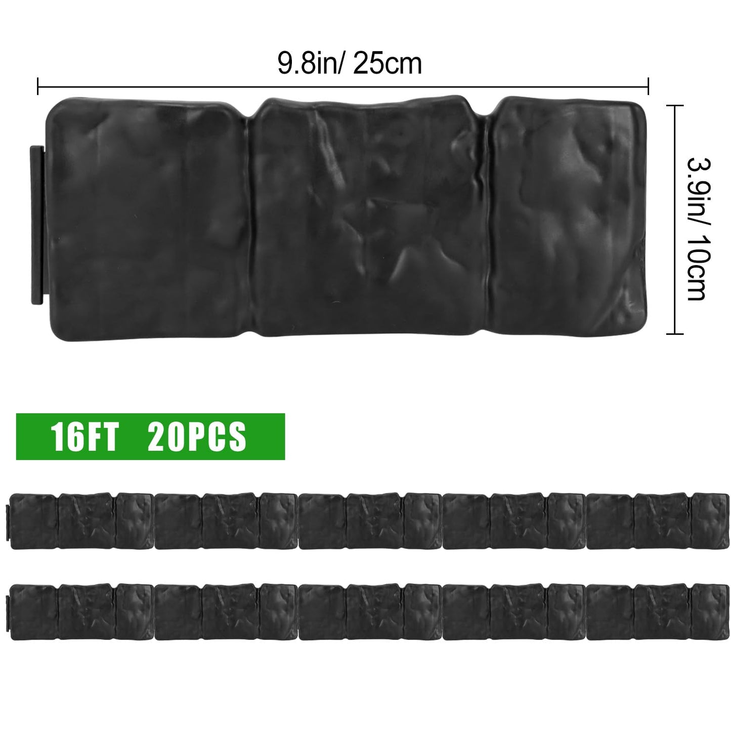 Garden Edging Border NO DIG, with Landscape Edging Anchoring Spikes, Black Stone Effect Plastic Lawn Edging Fencing, Interlocking Yard Lawn Edging for Flower Bed | 16 Ft | 20Pcs | Black |