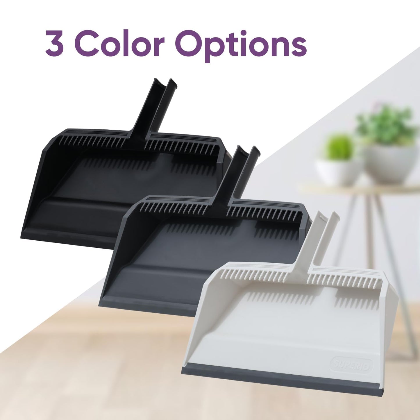 Superio Wide Plastic Dustpan with Comb - 16" Wide, Rubber Lip, Broom Handle Clip, White