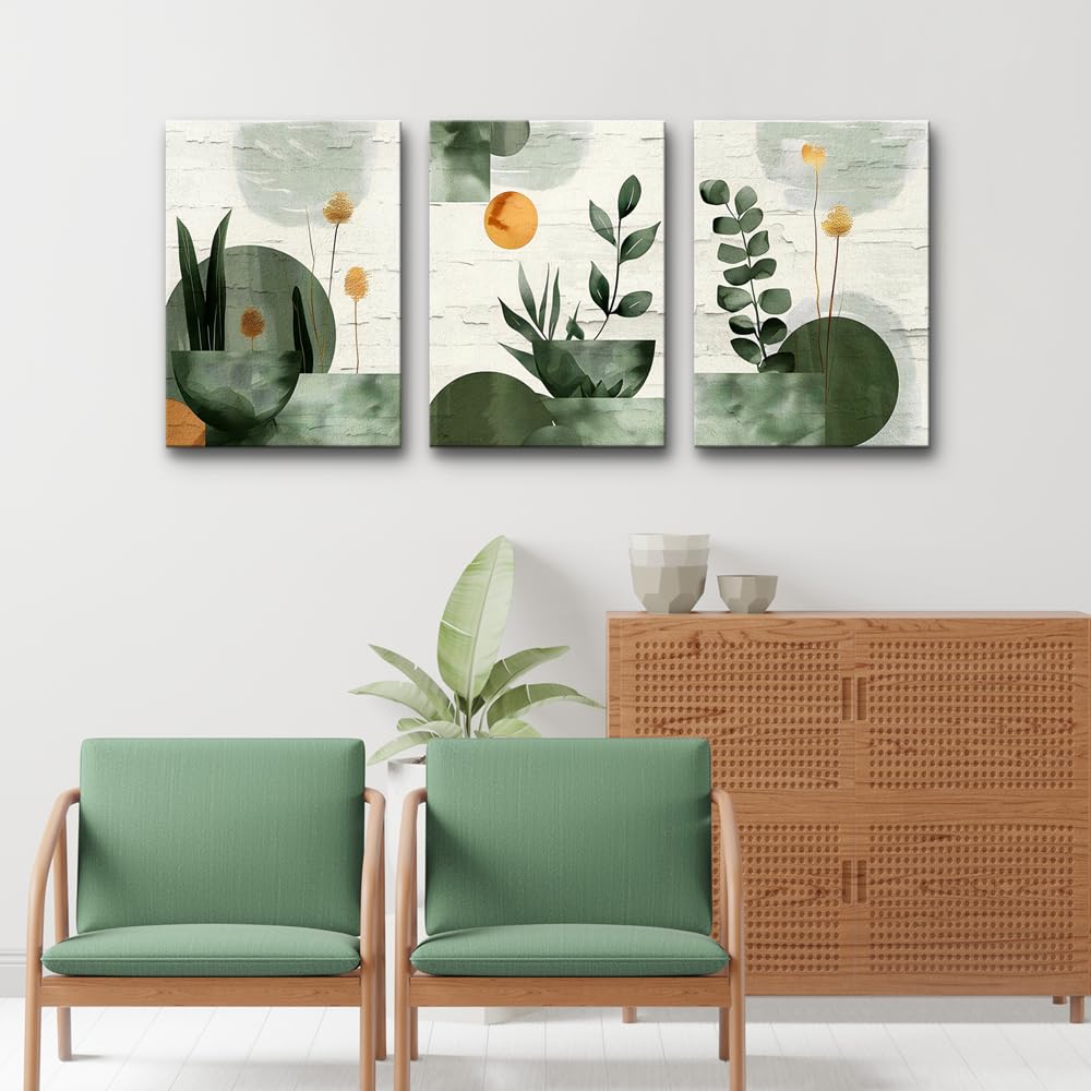 TTHYUEWS Boho Wall Art For Bedroom Canvas Wall Decor For Living Room Office Abstract Decorations Plant Wall Paintings Geometry Pictures Artwork Modern Bathroom Home Decor Ready To Hang 3 Piece