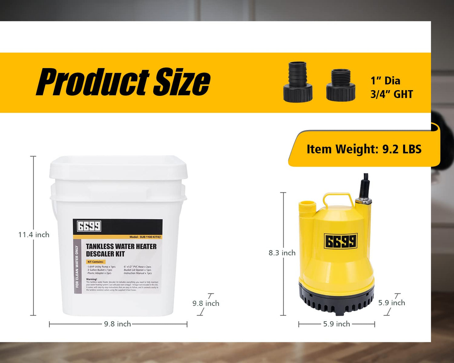 6699 Tankless Water Heater Flushing Kit Includes 1/6HP Submersible Sump Pump with Two Adapters & 3 Gallons Pail with Bucket Lid Opener & Two 1/2” Dia X 6’ PVC Hoses with Washers