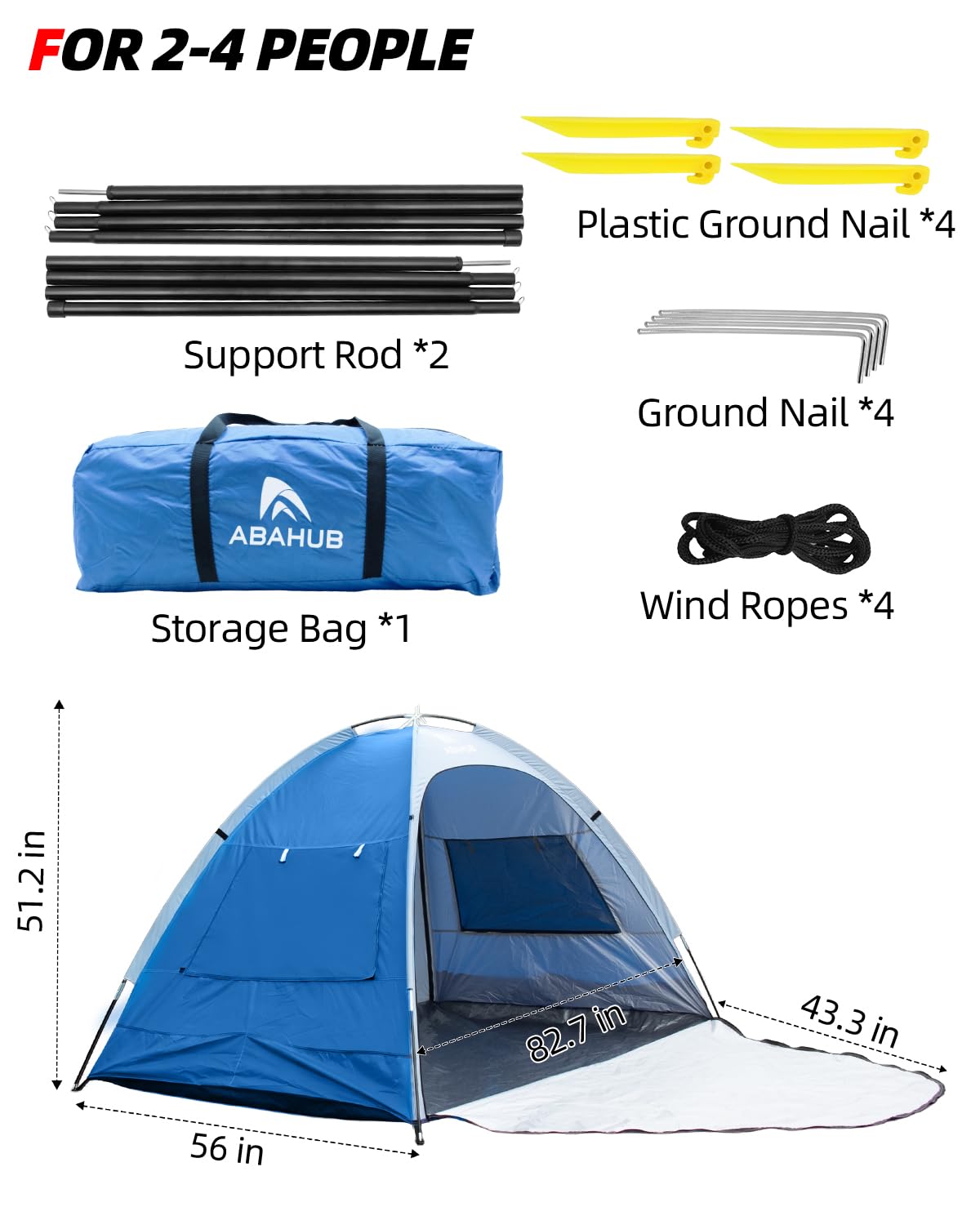 Abahub 3-Person Beach Tent Sun Shelter, UPF 50+ UV Protection Portable Sun Shade with 2 Doors and 2 Mesh Windows, Lightweight Beach Cabana for Beach, Camping, Fishing & Outdoor Activities