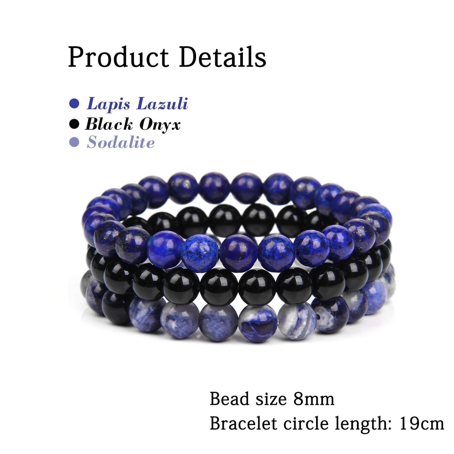 Risyfjew 3 PCS Healing Crystal Bracelet Women 8mm Natural Stone Beaded Stretch Bracelet Lapis Lazuli Sodalite Jewelry Gifts