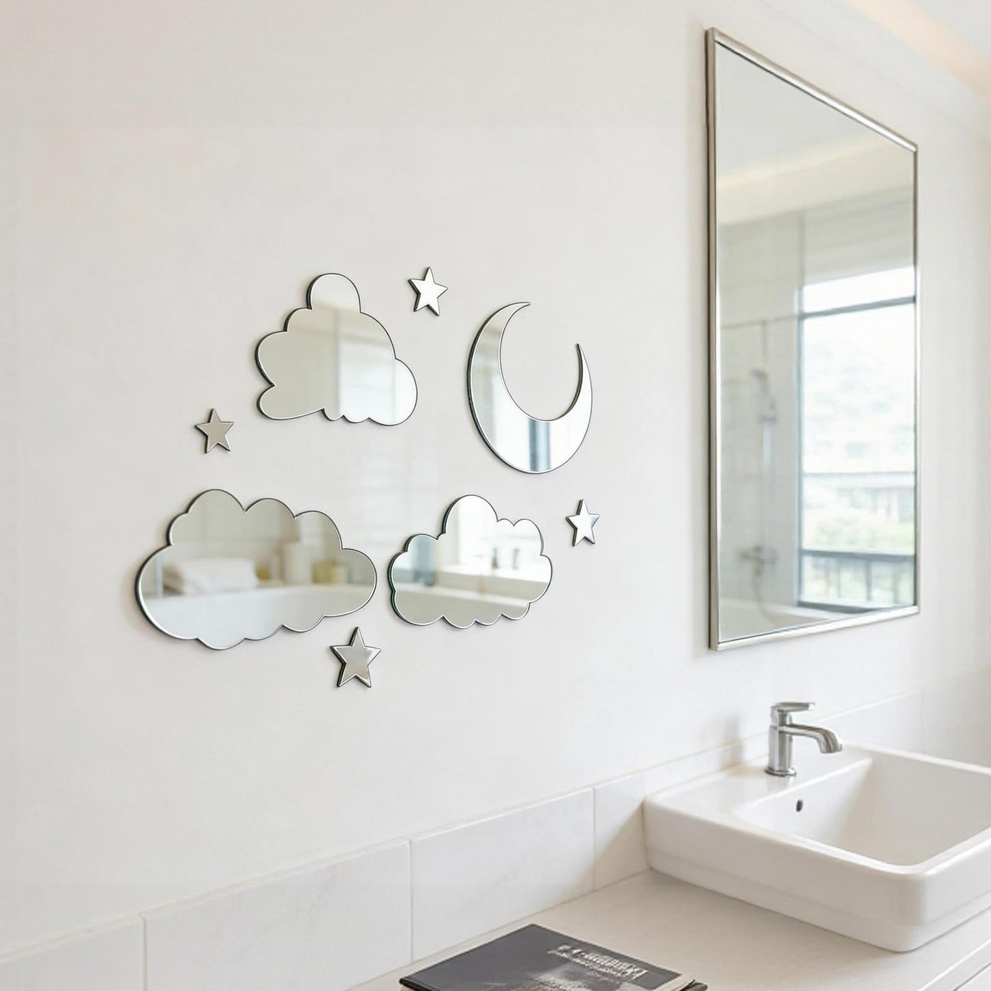 3D Moon Cloud Mirror Wall Decor Acrylic Mirror Stickers Self Adhesive Decorative Moon Star Cloud Wall Decals for Baby Kids Children's Living Room Bedroom Nursery Wall Decor