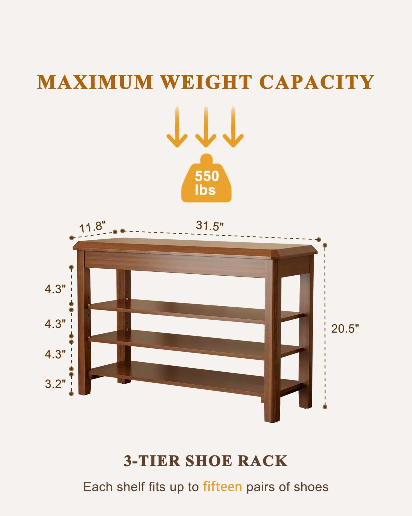 IUNVR Shoe Rack Bench Seat Rubberwood 3-Tier Wooden Storage Bench 550lbs Compact Mid-Century Modern Design for Entryway, Hallway, Closet, Front Door Entrance, Foyer