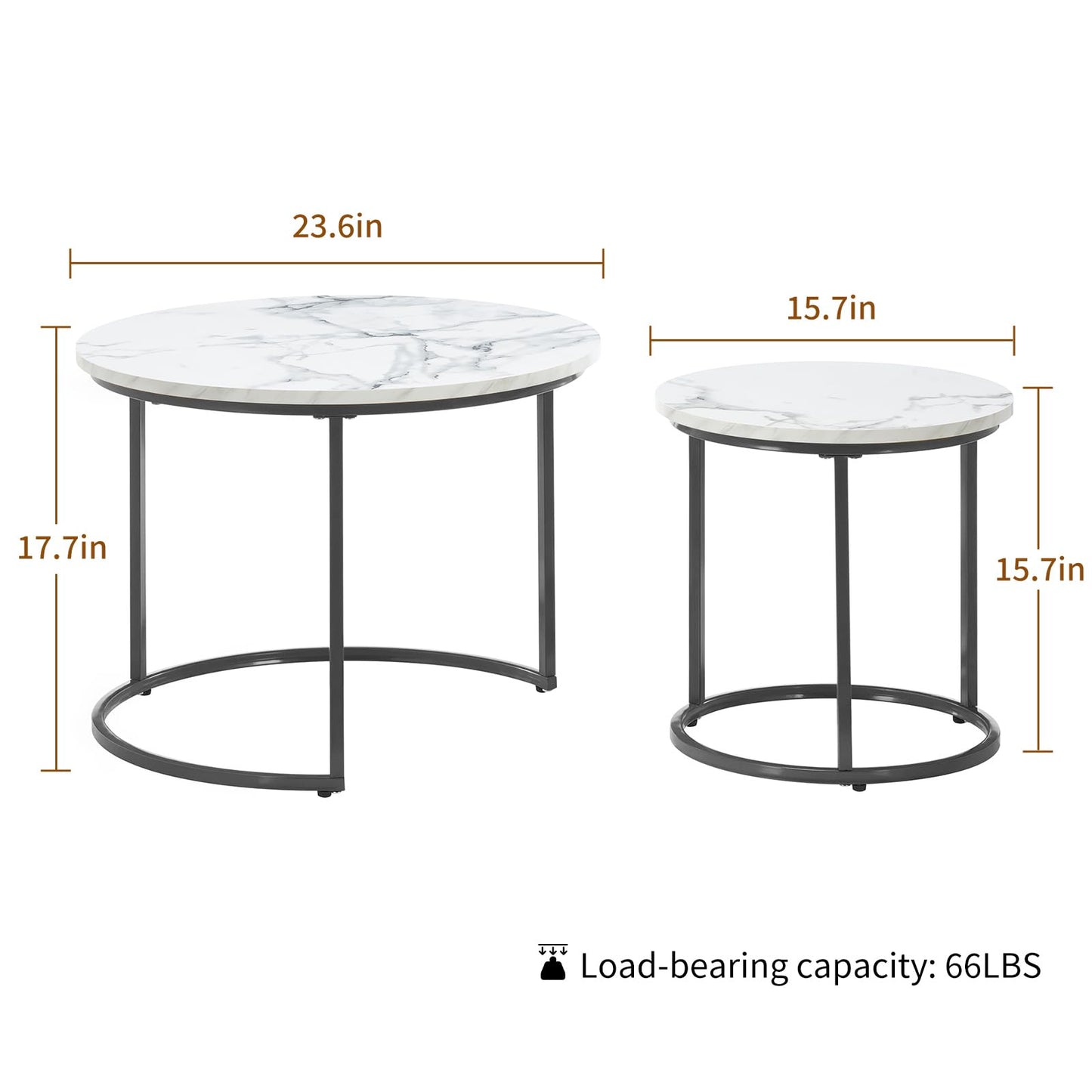 Round Nesting Coffee Table Set of 2, Modern Marble Pattern Wooden Nesting Tables, Stacking Minimalist End Table for Living Room Bedroom Small Space, White and Black