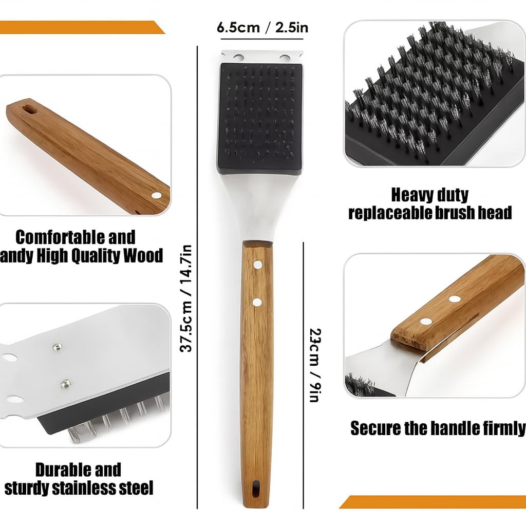 Blue Smoke Grill Brush and Scraper – Heavy Duty BBQ Cleaner with Stainless Steel Bristles, Solid Wooden Handle & Leather Strap – Barbecue Cleaning Tool for Gas, Charcoal, Smoker & Grill Grates