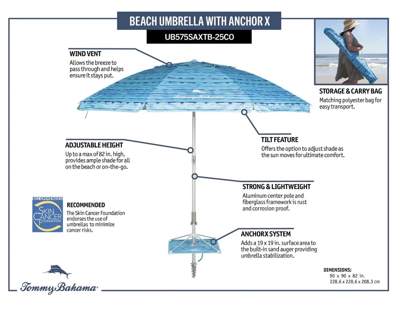 Sepras T0MMY BAHAMA 8 ft Beach Umbrella with wind vent and sand anchor (Blue Pattern)