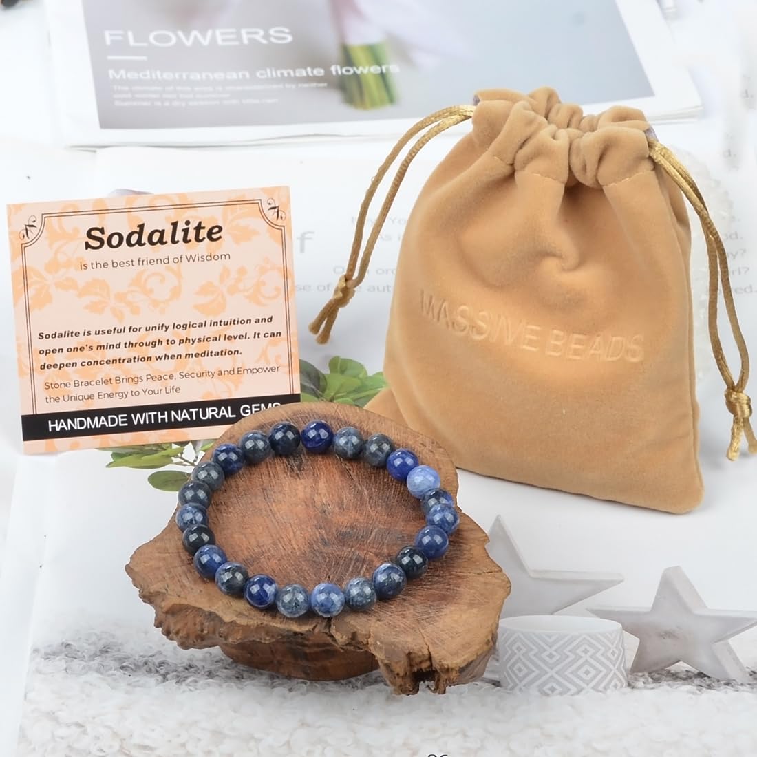 MASSIVE BEADS Blue Sodalite - Stone of Wisdom - Handmade Yoga Stretch Elastic Bracelet Natural Stone Crystal Healing Power Energy Gifts for Unisex Adult 8mm