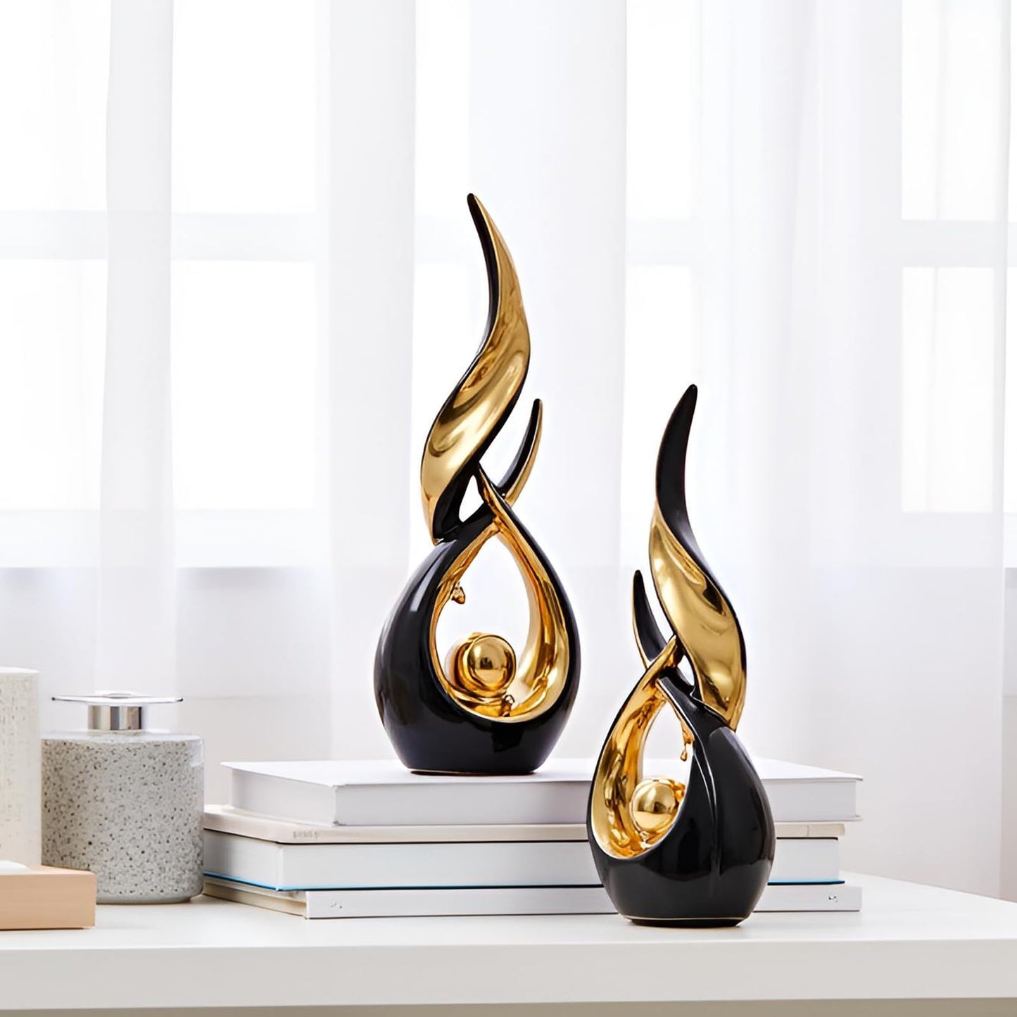 XMGZQ Gold Ceramic Abstract 2 Piece Statue Set,Mid Century Modern Abstract Art Home Decor Statue Mantelpiece on Unique Shelf Decor, TV Cabinet Divider Table top and Dining Table Centerpiece (Black)