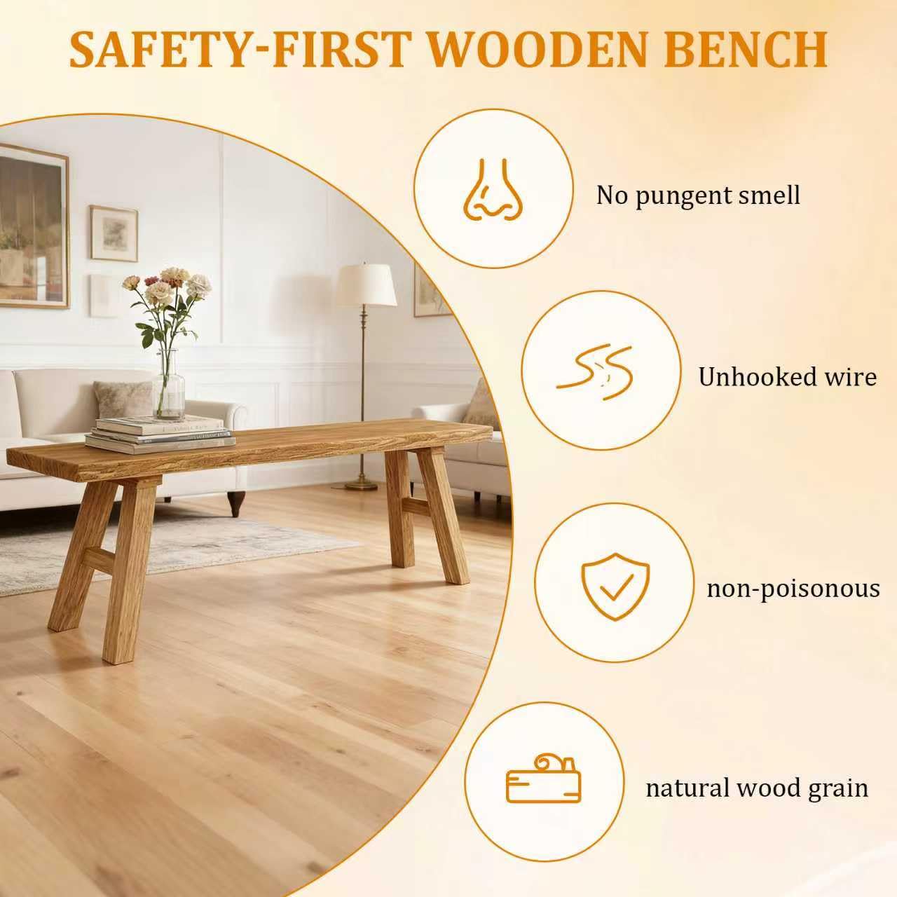 BTUASSDY 47.2" Solid Wood Entryway Bench - Extra Long Elm Wood Farmhouse Dining Bench for Hallway, Bedroom, Kitchen - Antique Natural Finish