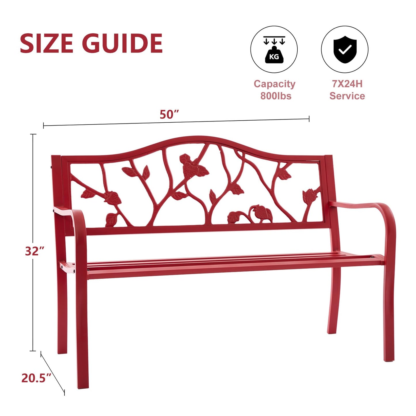 Attliasalon 50” Strawberry Outdoor Garden Bench, Weatherproof Sturdy Cast Iron Metal Frame Patio Park Bench for Porch Yard Lawn Deck Park (Red Strawberry Style)