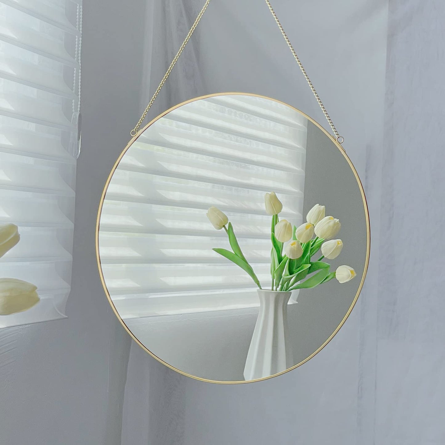 LONGWIN Hanging Wall Circle Mirror Decor Gold Geometric Mirror with Chain for Bathroom Bedroom Living Room 9.8"