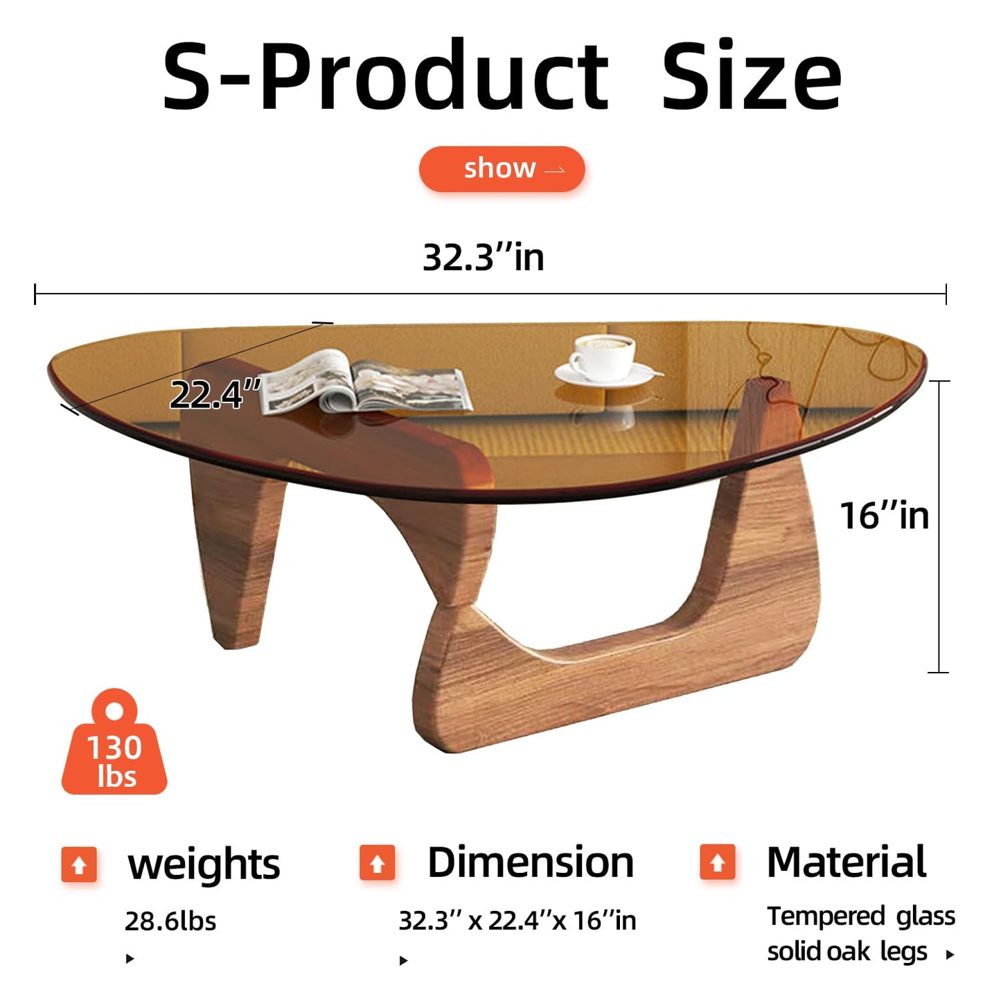 Modern Glass Coffee Table, Mid Century Small Coffee Table, Coffee Table for Living Room,Suitable for Bedroom Living Room Reception Office Tables (Walnut/Brown, Small)